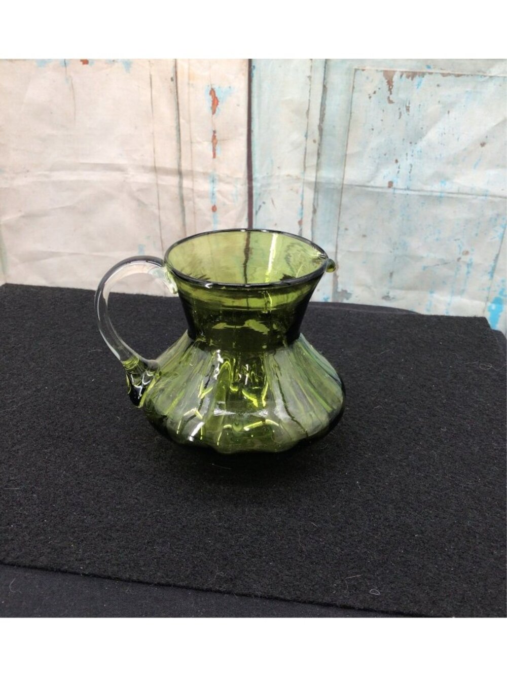 Vintage Handblown Green Glass Pitcher With Handle - Ribbed Design - Small Decora